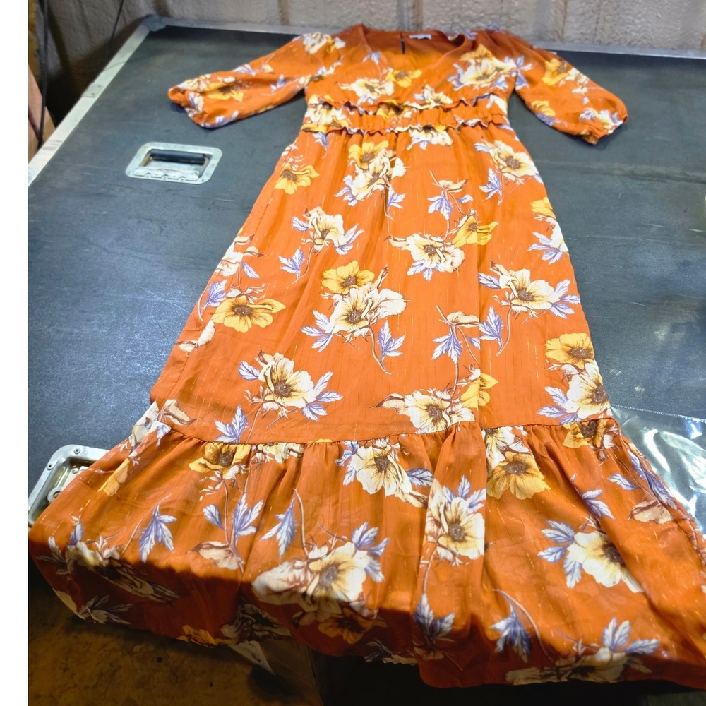 Luxology Rust Orange Floral Gold Lurex Maxi Dress V-Neck Ruffle Waist Size S